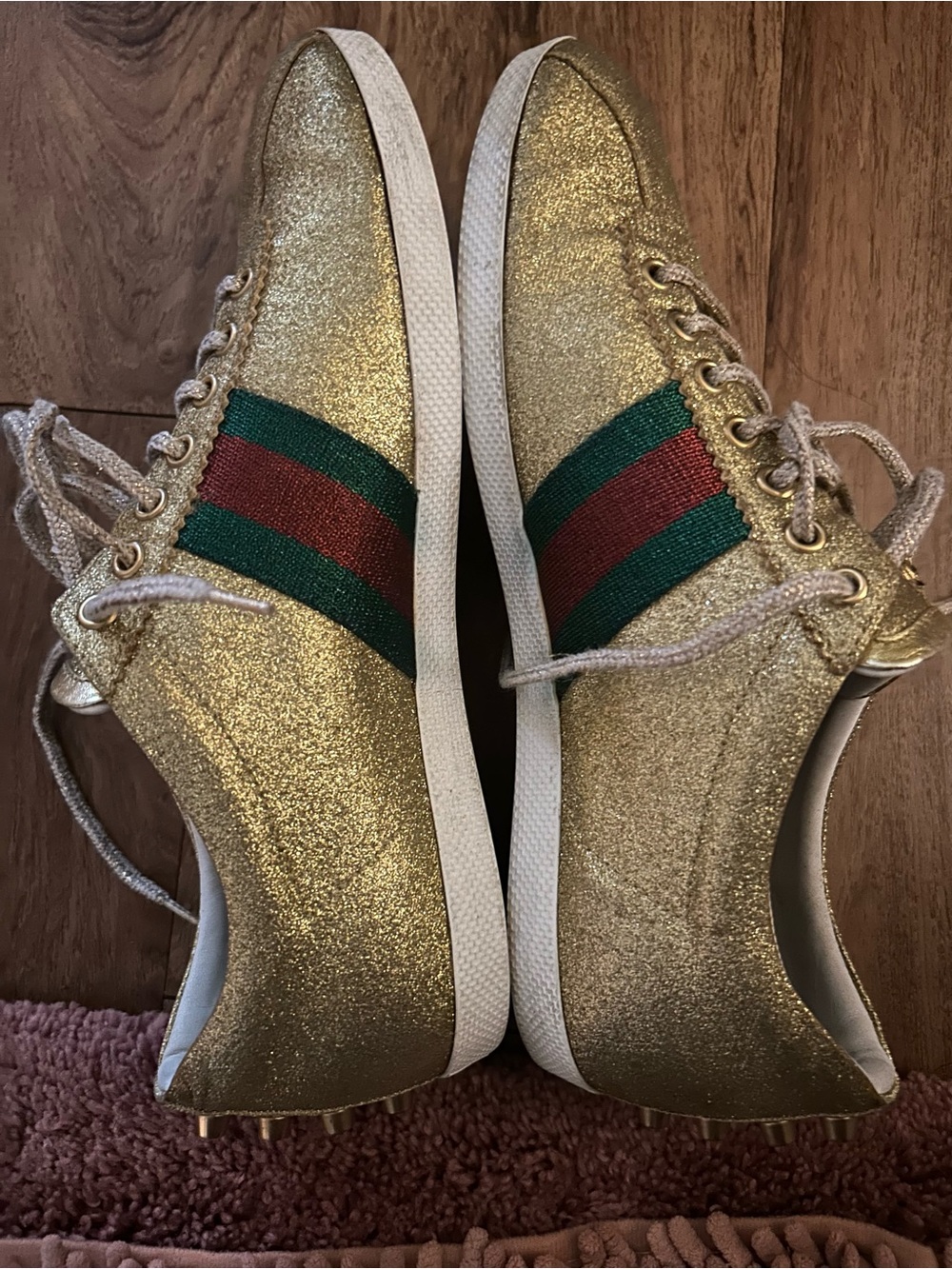 Gucci Gold Glitter Lace-Up Sneakers with Green and Red Stripe